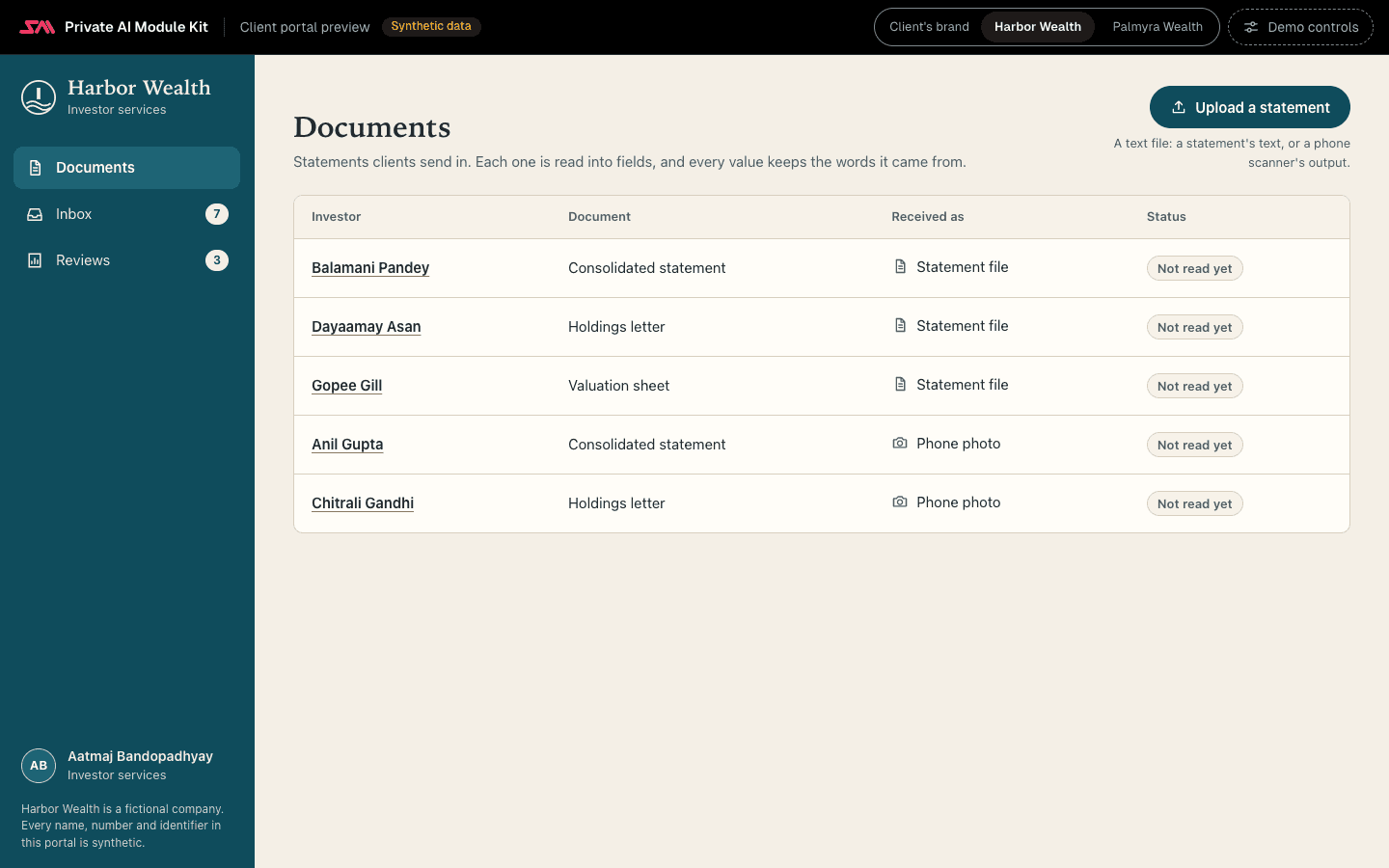 The Module Kit showcase on a wide screen: the product name and one-liner, a Synthetic data badge, the Try to break it panel with four controls on the left, and on the right Harbor Wealth's client portal in deep teal and sand, framed in a pink-to-red glow, showing its list of statements.