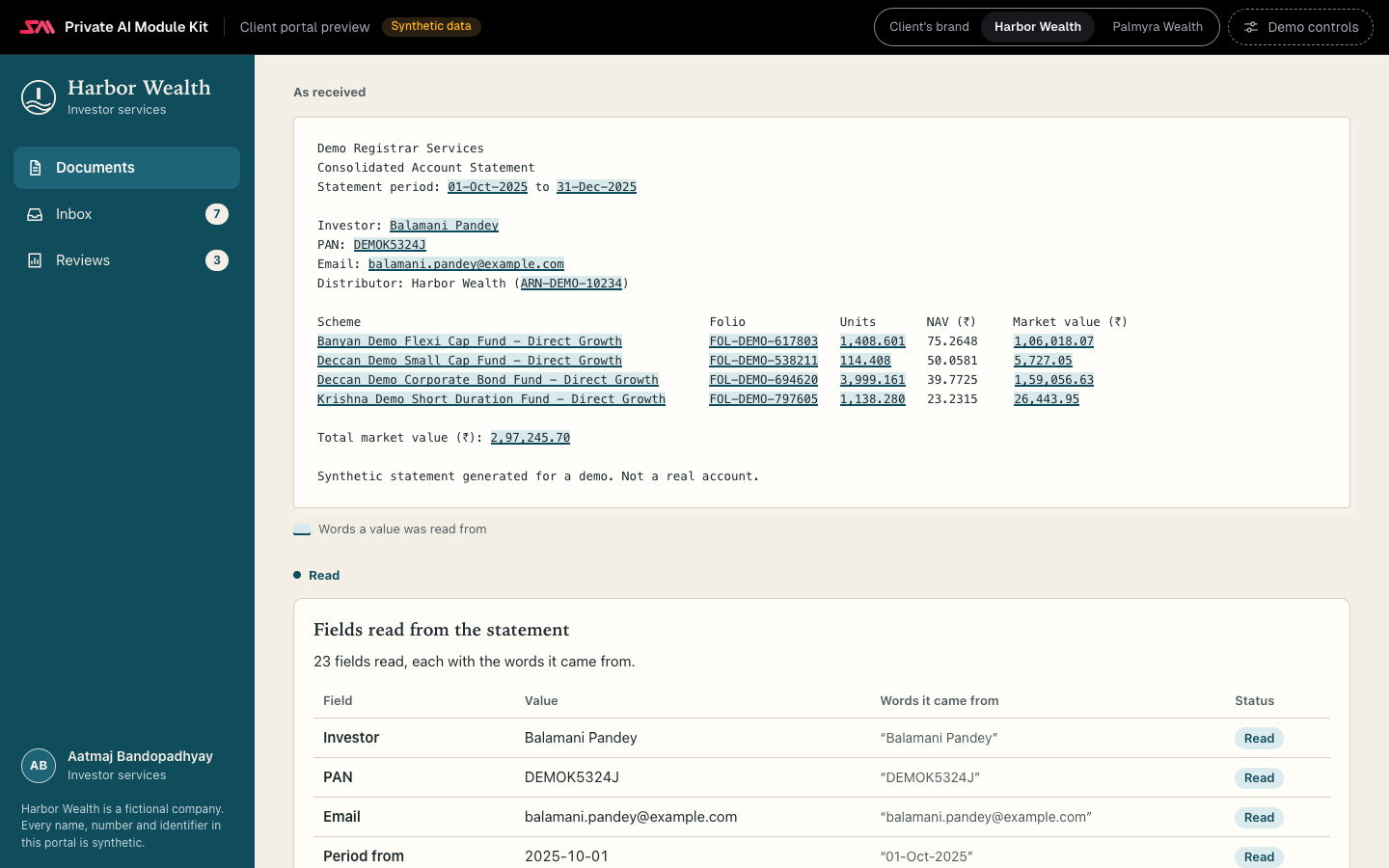 A consolidated statement as received, with the words each value was read from marked on it (period, investor, PAN, email, distributor code, every fund, folio, units and market value, and the total), and below it the fields read from the statement, each with the words it came from and a Read status.
