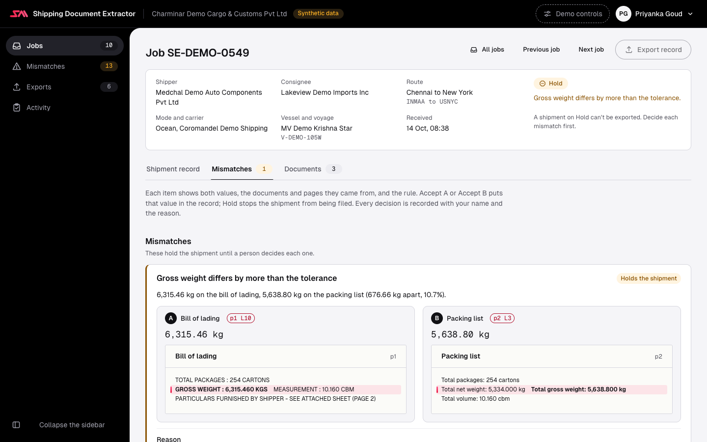 The job's Mismatches tab: Gross weight differs by more than the tolerance, marked Holds the shipment. Side by side, A: the bill of lading, page 1 line 10, 6,315.46 kg, and B: the packing list, page 2 line 3, 5,638.80 kg, each with the lines of its page around the figure and the figure's line lit.